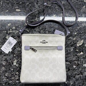 NWT - COACH MINI ROWAN FILE BAG IN SIGNATURE LEATHER CHALK/MIST & SILVER ACCENTS